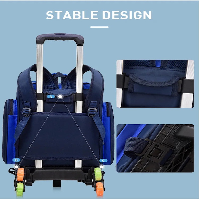 Waterproof 6 Wheel Trolley Backpack Adjustable Handle School Bag Blue